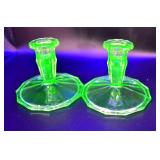 Green Depression Uranium Glass Candle Holders