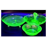 Two Uranium Depression Glass Bowls and Tray