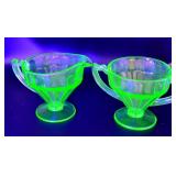 Green Depression Uranium Glass Creamer and Sugar