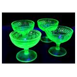4 PC UraniumDepression Glass Floral and Diamond