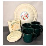 Coasters, Enamelware Mugs, and Covered Pie Plate