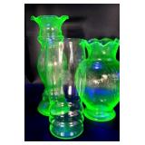 Three Depression Green Uranium Glass Vases