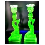Vintage MMA Vaseline Glass Fish Candlesticks