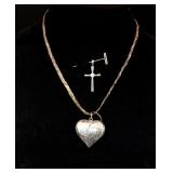 Sterling Necklace W Puff Heart and Cross Pendant