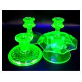 Vintage Depression Uranium Glass Candleholders
