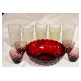 Vintage Glassware Collection with Ruby Red Bowl