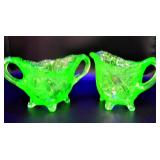 Depression Green Uranium Glass Creamer and Sugar