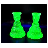 Two Vintage Green Uranium Glass Candle Holders
