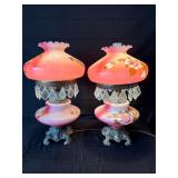 Twin pink glass lantern-style deco lamps