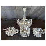 Crystal, sugar bowl, creamer, vase, candy dish (5)