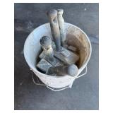 Bucket and contents, 4 fat paint brushes