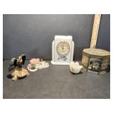 Decorative Clock, Figurines, and Tea Tin