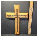 Wooden Cross with Twisted Metal Design