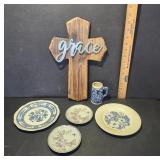 Decorative Plates and Wooden Cross