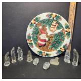 Christmas Plate and Clear Glass Figurines Set