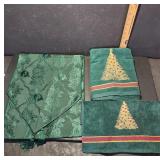 Green Holiday Themed Tablecloth and Towels