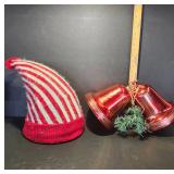 Striped Holiday Hat and Red Bell Decor