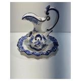 Blue and White Ceramic Ewer and Basin Set