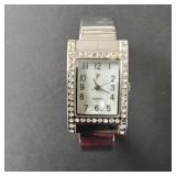 Silver Tone Bangle Watch with Rhinestones