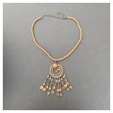 Orange Bead and Metal Tassel Necklace