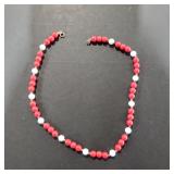 Red, White, and Gold Tone Beaded Necklace