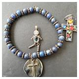 Blue Beaded Bracelet with Cross Pendants