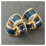 Vintage Teal Enamel and Gold Tone Earrings