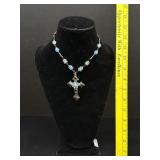 Silver Cross & Red+Blue Beaded Necklace W/ Display