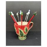 10 Chritmas Glass Swizzle Sticks in Mug