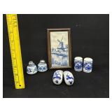 Lot of Delft Blue Salt Pepper Shoes & Tile
