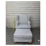 Large Tall Wingback Blue Plaid Chair & Ottoman