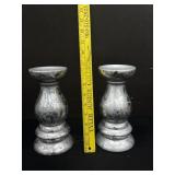 Pair Terra Cotta Silver Painted Candlesticks