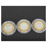 Three .999 Silver Gaming Tokens Total 1.8 Troy Oz
