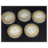 Five .999 Silver Gaming Tokens Total 3 Troy Oz.