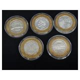 Five .999 Silver Gaming Tokens Total 3 Troy Oz.