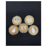 Five .999 Silver Gaming Tokens Total 3 Troy Oz.