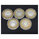 Five .999 Silver Gaming Tokens Total 3 Troy Oz.