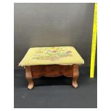 Turned Leg Floral Needlpoint Footstool W/ Storage