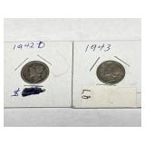 2 Rare Mercury SIlver Dimes 1942D & 1943P