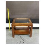 Solid Oak 2 Tier Lamp Table W/ Glass Insert Top
