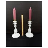 2 Vintage Fenton Hobnail Milk Glass Candlesticks