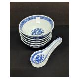 (5) x Jingdezhen Blue & White Bowls & Spoons