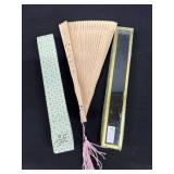 Vintage Oriental Hand Fan In Glass Top Box