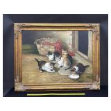 Large Gold Gilt Framed Cats Oil On Canvas Signed