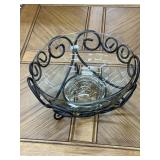 Vintage Blown Glass Bowl in Wrought Iron Holder