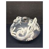 Vintage Glazed Pottery Vase Raised Iguanas