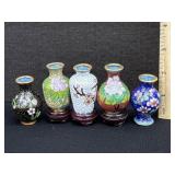5 Vintage Cloisonne Enamel Brass Mini Vases