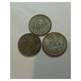 (3) Silver Mexican 50 Centavos Coins