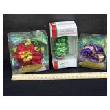 3 Glass Christmas Ornaments Flowers and Tree