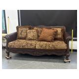Carved Wood Claw Foot Leather Trim Sofa